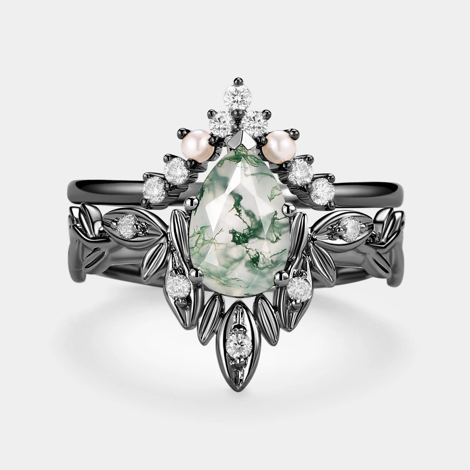 Pear Cut Leafy Nature Inspired Moss Agate & Pearl Ring Set 2pcs Elegant accessory