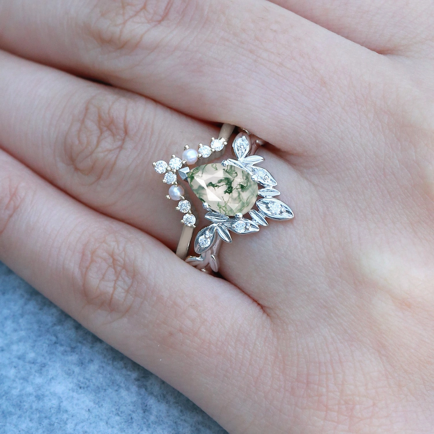 Pear Cut Leafy Nature Inspired Moss Agate & Pearl Ring Set 2pcs Formal Layer