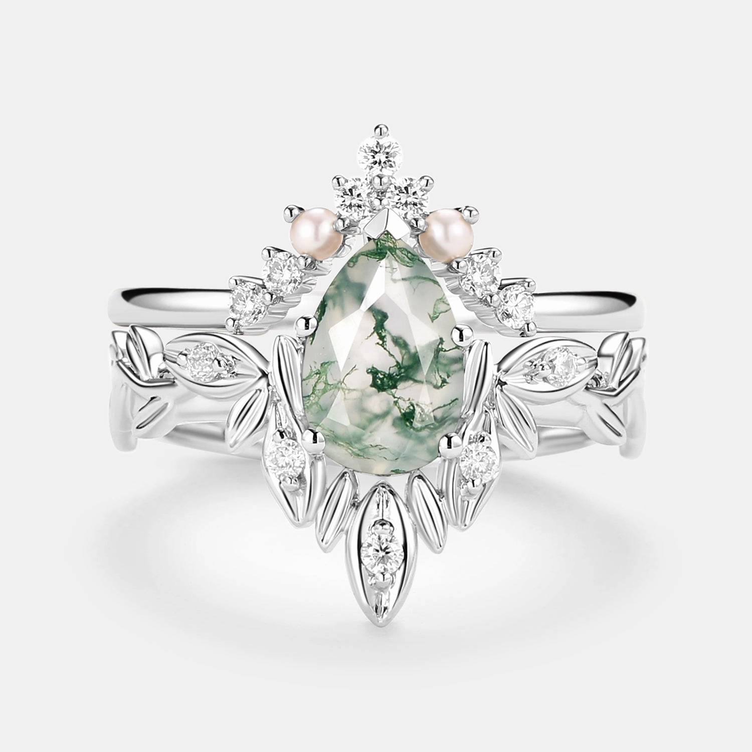 Stylish Spark Sophisticated Appeal Pear Cut Leafy Nature Inspired Moss Agate & Pearl Ring Set 2pcs