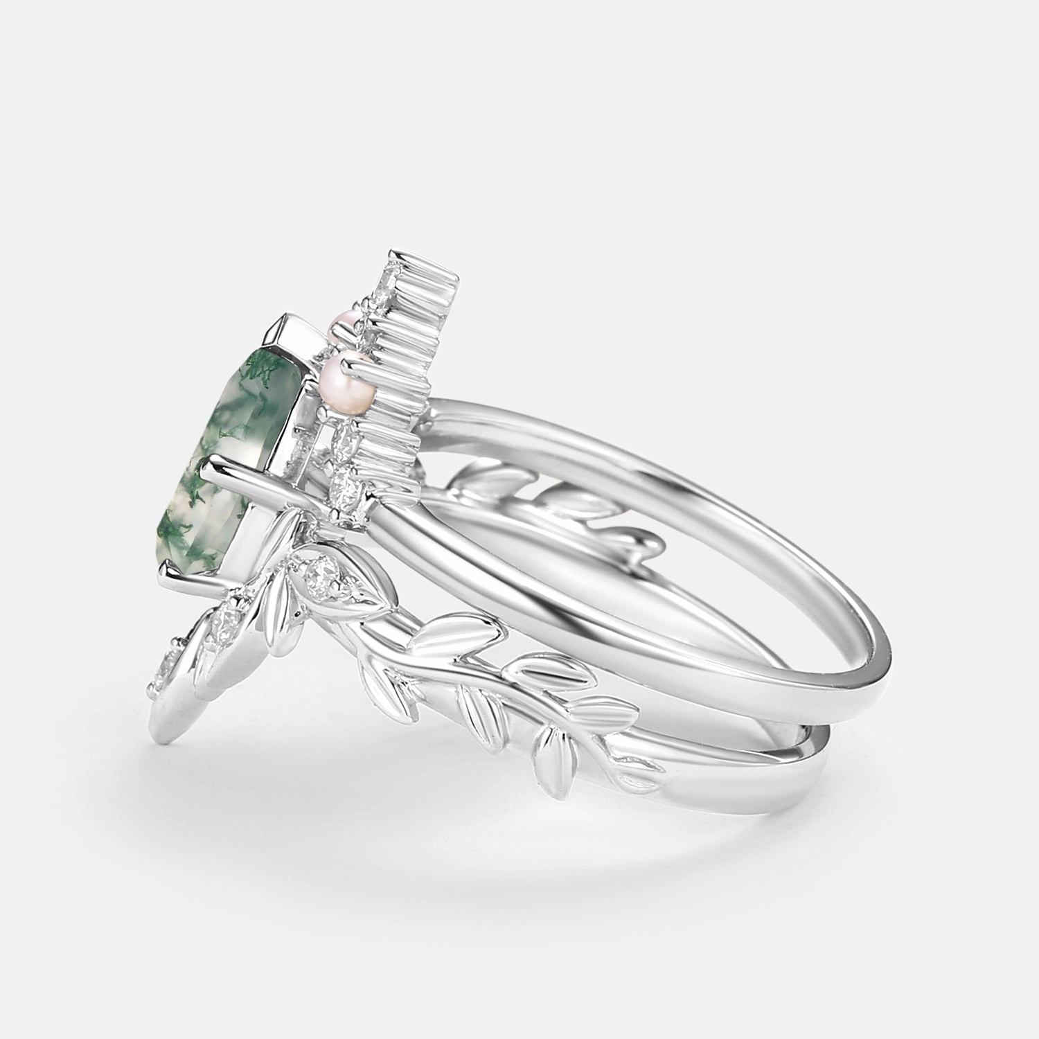 Casual Fit Pear Cut Leafy Nature Inspired Moss Agate & Pearl Ring Set 2pcs