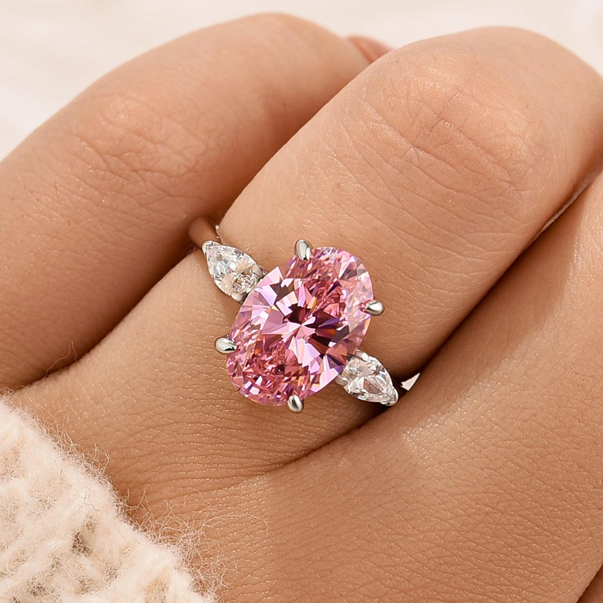 Structured Accent Classic Glimmer 4.0Ct Oval Cut Pink Stone Three Stone Engagement Ring In Sterling Silver