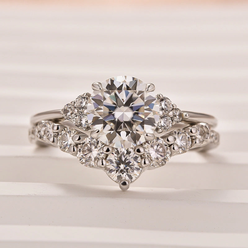 Classic Moissanite 1.2 CT Round Cut Wedding Ring Set With Curved Design Wedding Band Dainty Detail Shiny Features