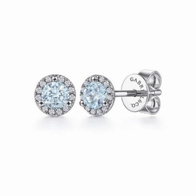 14K White Gold Halo Aquamarine and Diamond Stud Earrings Comfortable Selection Sparkling Choice