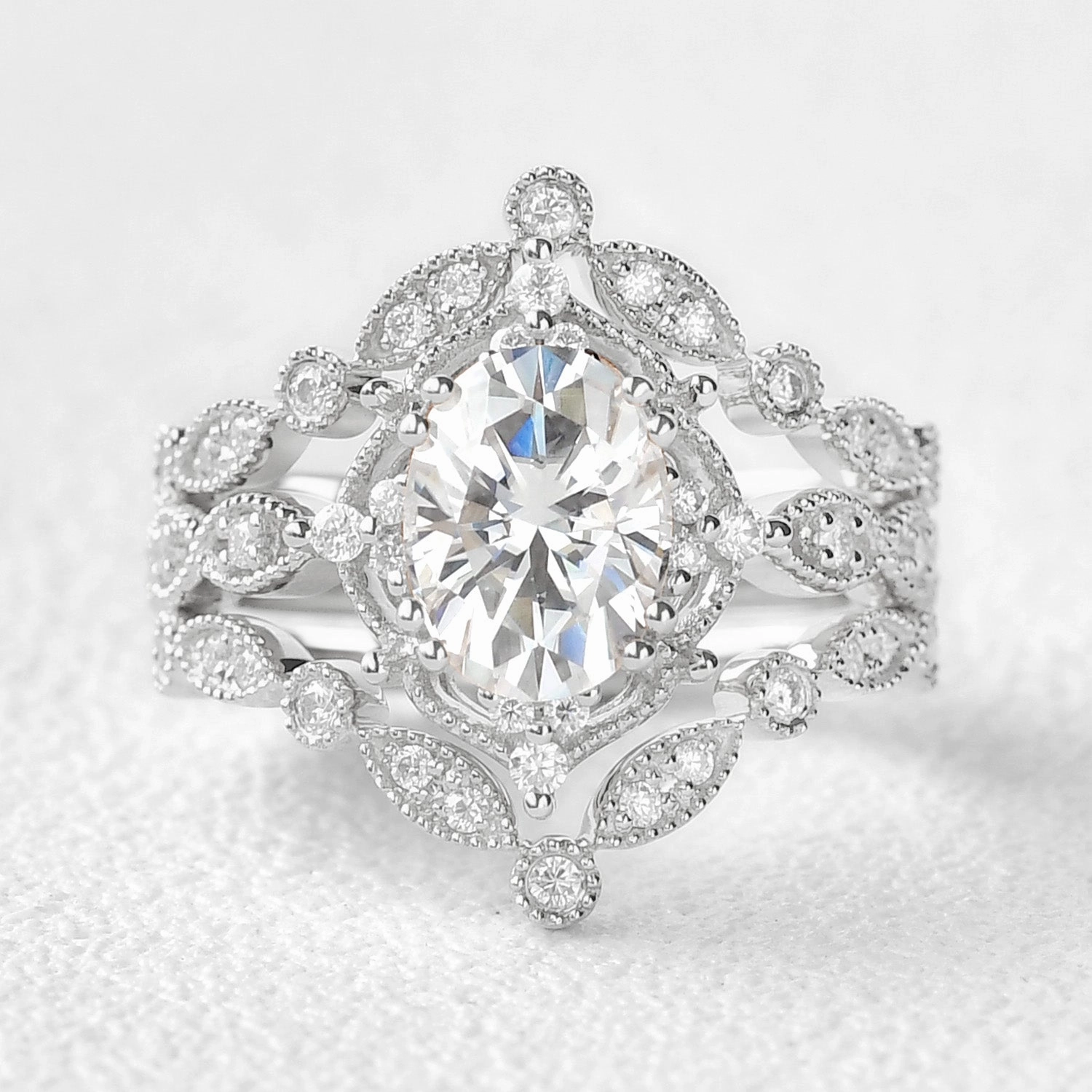 1.5ct Moissanite Vintage Inspired Ring Set 3pcs Sophisticated Design Finish