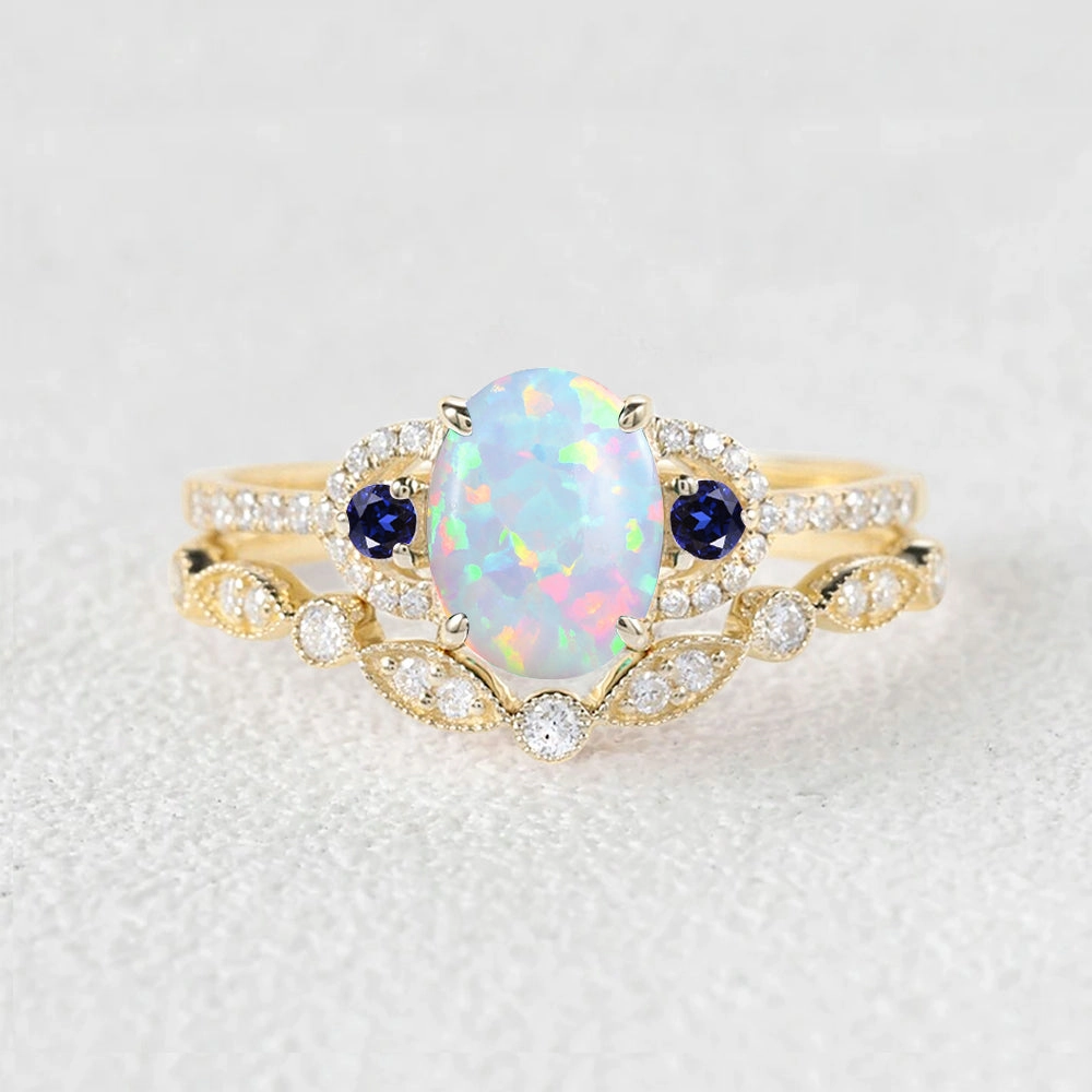 Subtle Highlight Vintage Oval Cut Lab Opal Yellow Gold Ring Sets 2Pcs