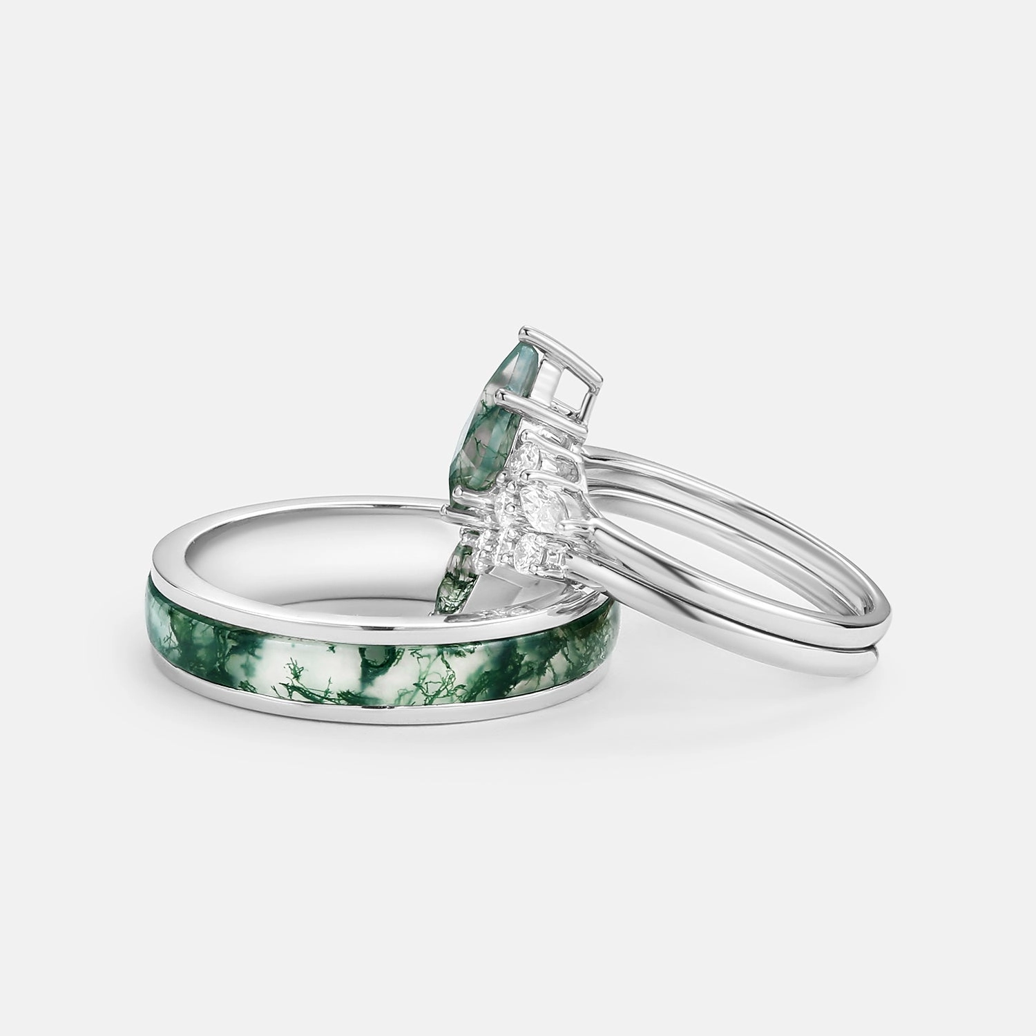 Luxurious Piece Fashion Pairing Twin Flames - Kite Cut Unique Moss Agate Engagement Couple Ring Set 3pcs - Zoey