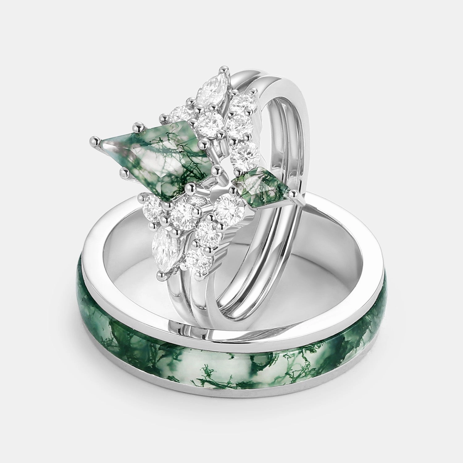 Twin Flames - Kite Cut Unique Moss Agate Engagement Couple Ring Set 3pcs - Zoey Radiant Look Subtle Finish