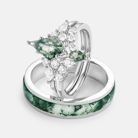 Twin Flames - Kite Cut Unique Moss Agate Engagement Couple Ring Set 3pcs - Zoey Radiant Look Subtle Finish