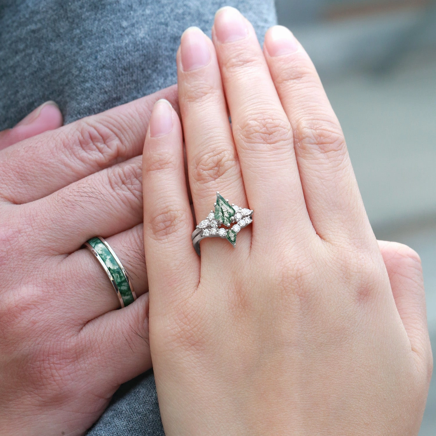 Daily Fit Twin Flames - Kite Cut Unique Moss Agate Engagement Couple Ring Set 3pcs - Zoey