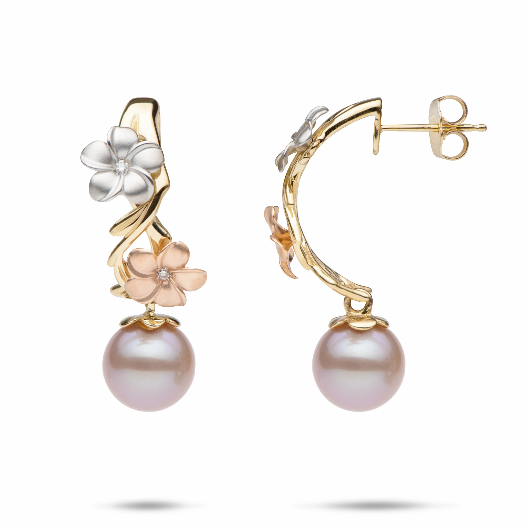 Pearls in Bloom Plumeria Lavender Freshwater Pearl Earrings in Tri Color Gold with Diamonds -23mm Minimalist Feature