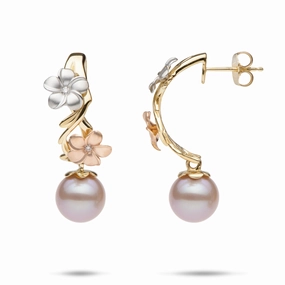 Pearls in Bloom Plumeria Lavender Freshwater Pearl Earrings in Tri Color Gold with Diamonds -23mm Minimalist Feature
