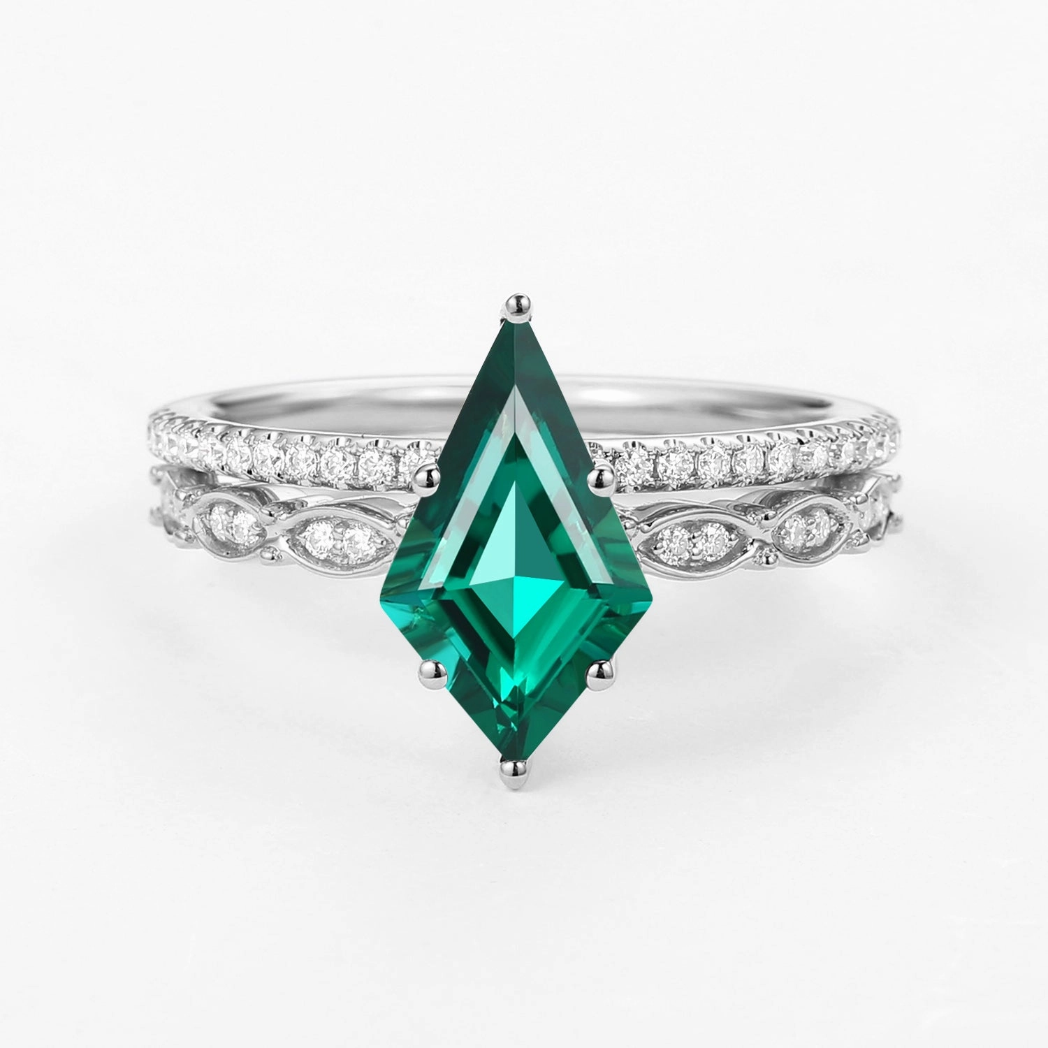 Green Kite Cut Lab Emerald Engagement Ring with Straight Band Set 2pcs Bold Style