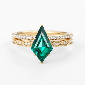 Green Kite Cut Lab Emerald Engagement Ring with Straight Band Set 2pcs Instant Match Weekend Style