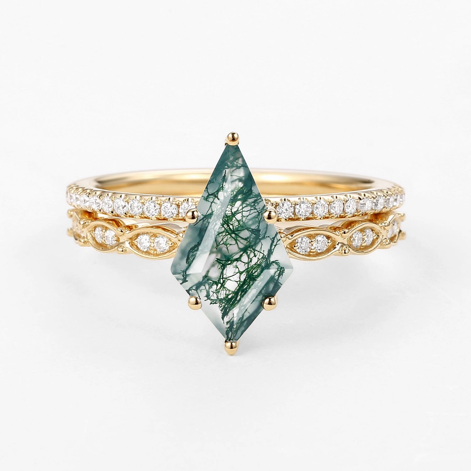 Color Accent Layered Elegance Green Kite Cut Lab Emerald Engagement Ring with Straight Band Set 2pcs