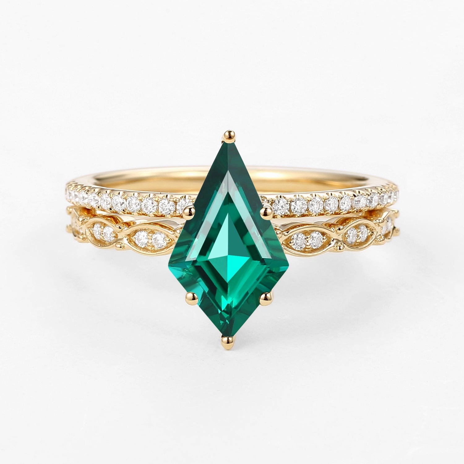 Green Kite Cut Lab Emerald Engagement Ring with Straight Band Set 2pcs Instant Match Weekend Style