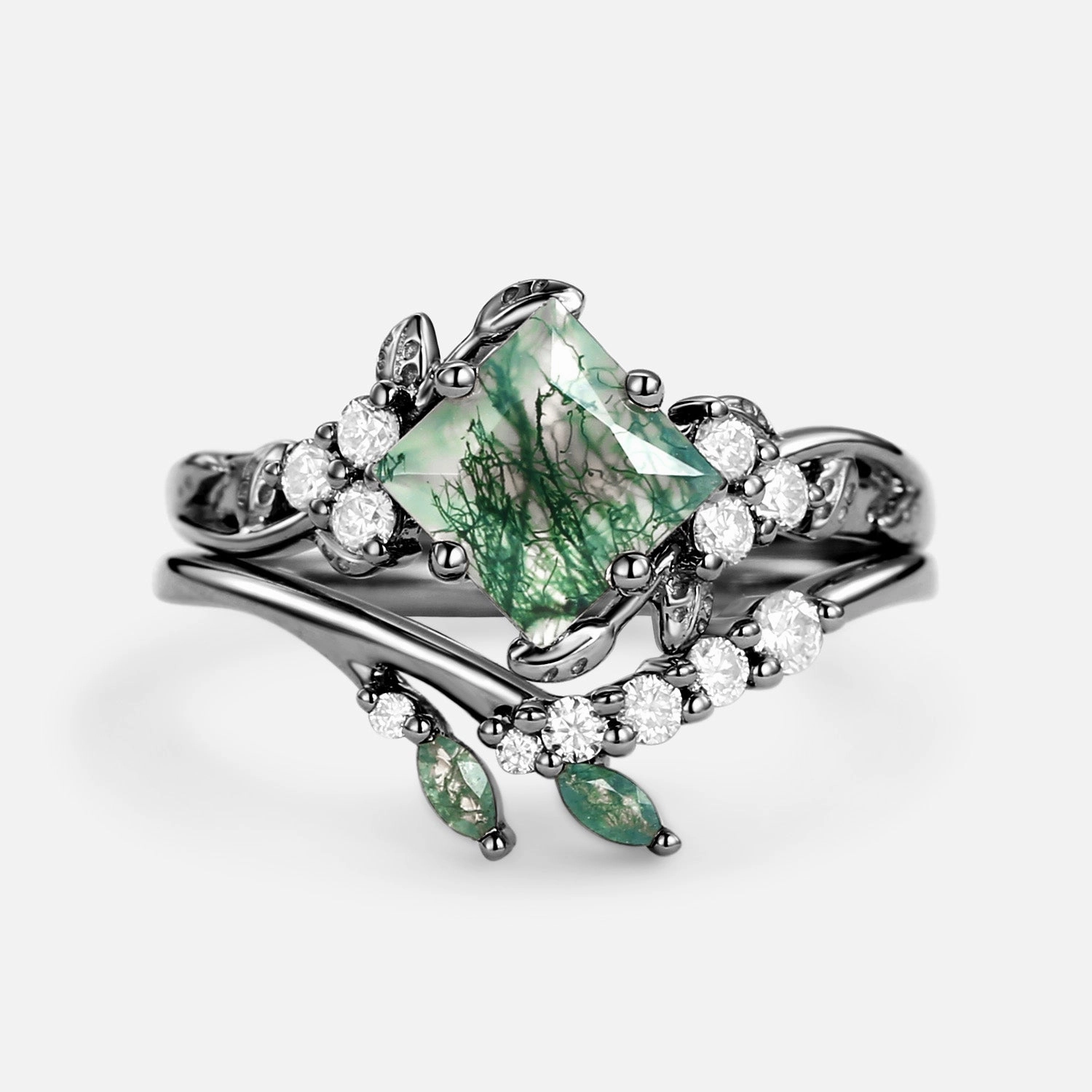 Green Leafy Princess Cut Moss Agate Engagement Ring Set 2PCS Dazzling Effect