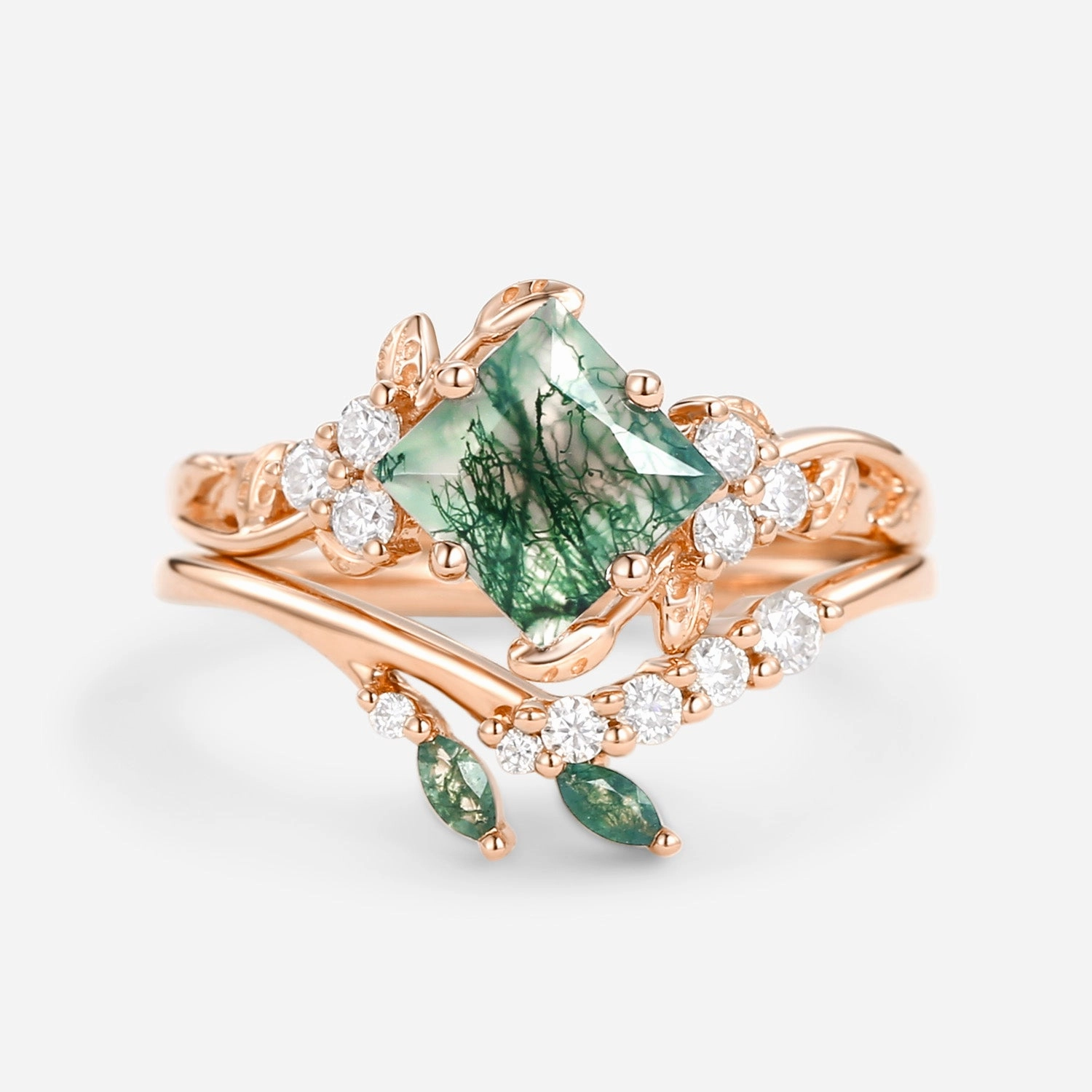 Flirty Accent Green Leafy Princess Cut Moss Agate Engagement Ring Set 2PCS