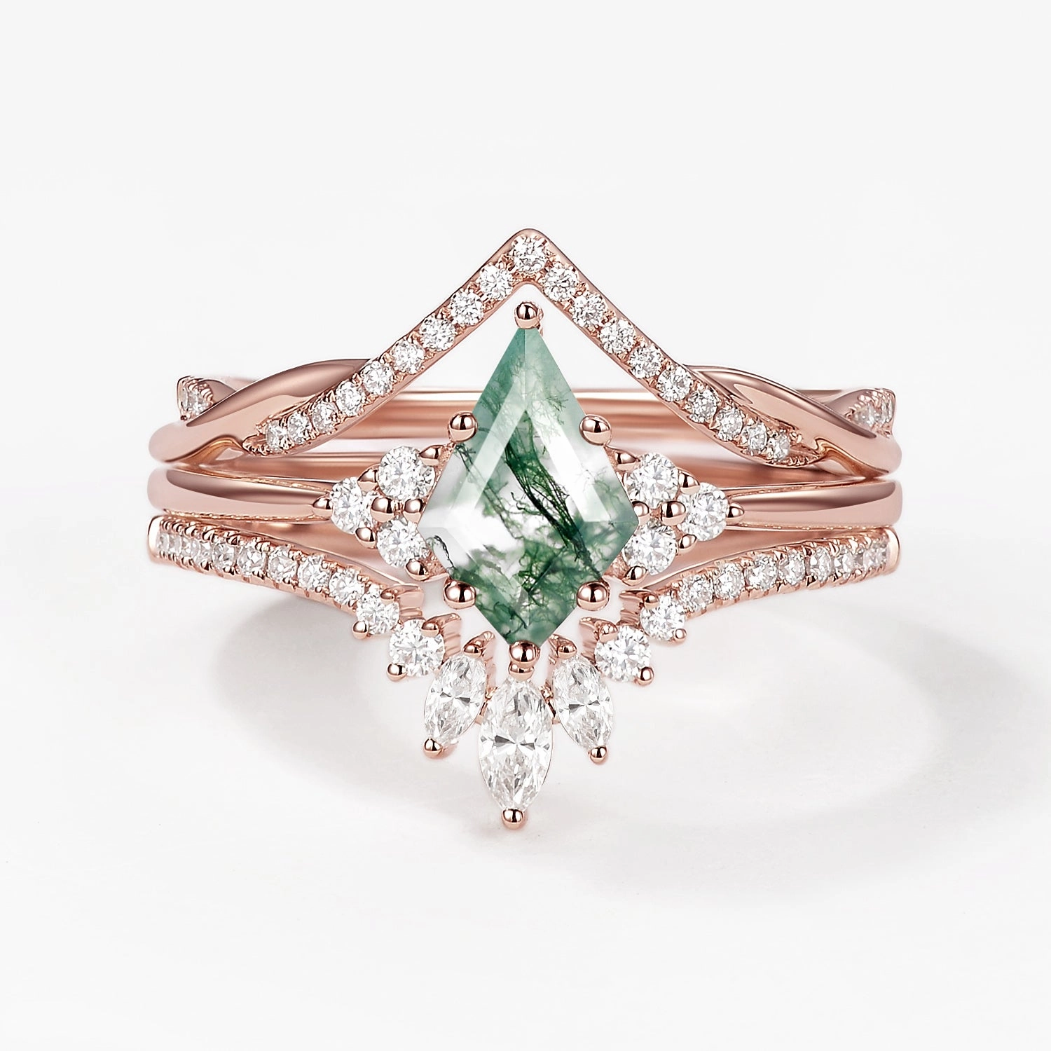 Tasteful Accent Radiant Pieces Finish Green Moss Agate Kite Cut Infinity Curved Engagement Ring Set 3pcs