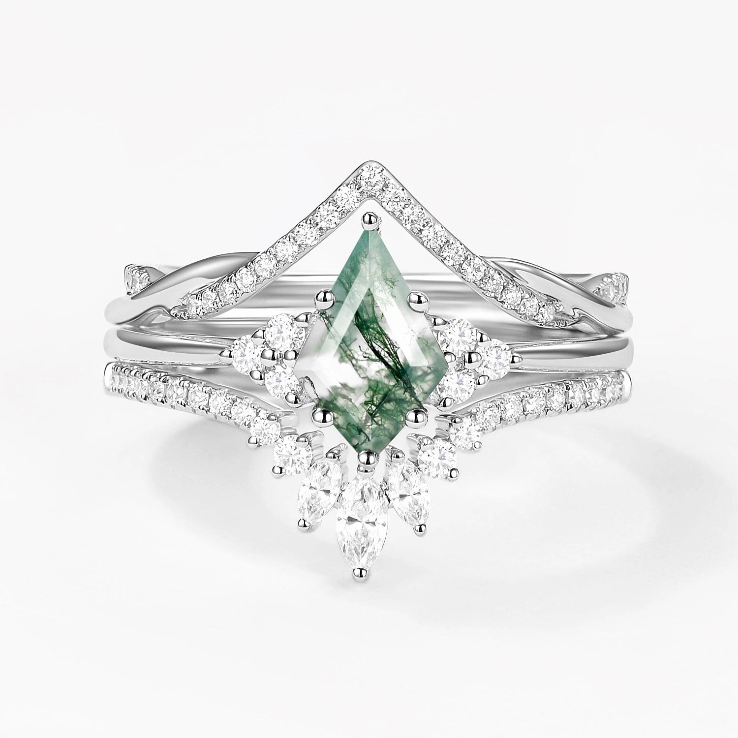Green Moss Agate Kite Cut Infinity Curved Engagement Ring Set 3pcs Effortless Chic Beauty Fit