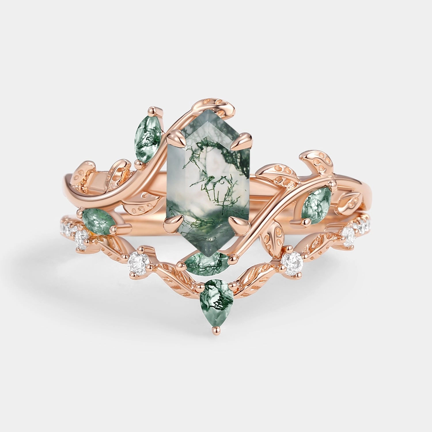 Green Moss Agate Long Hexagon Vine Engagement Ring Set 2pcs - Daphne Cultural Touch Romantic Set