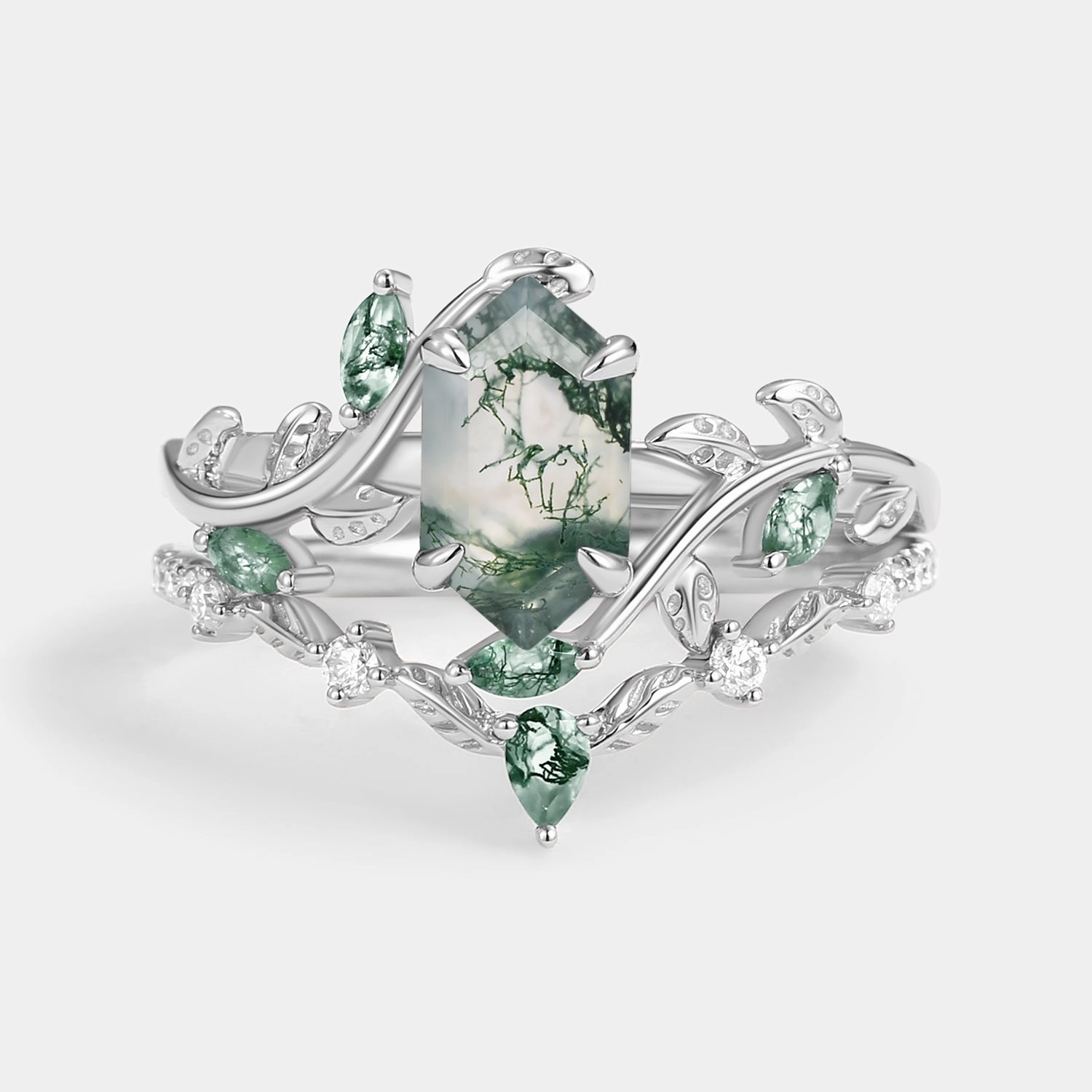 Green Moss Agate Long Hexagon Vine Engagement Ring Set 2pcs - Daphne Dainty Detail