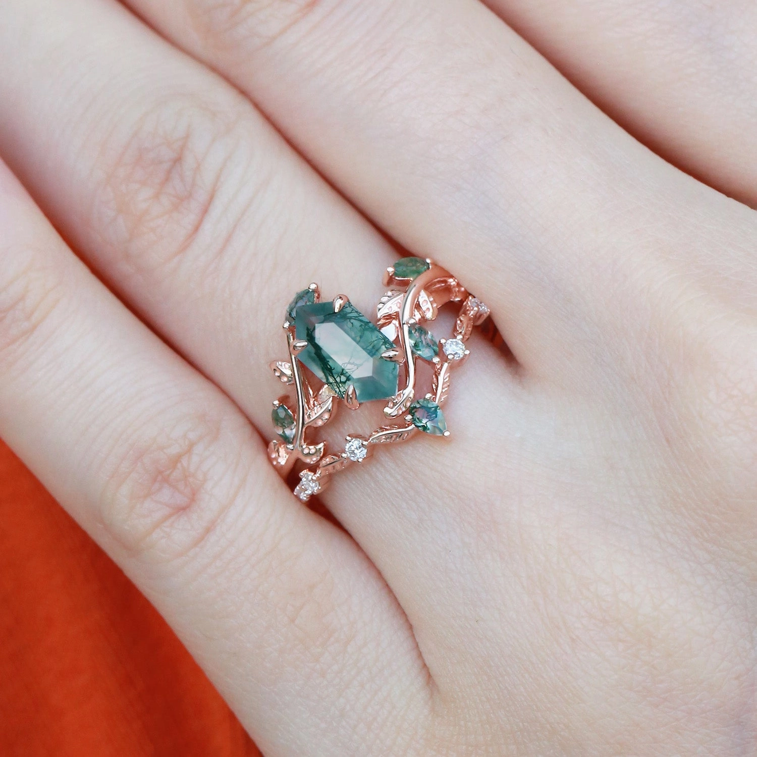 Green Moss Agate Long Hexagon Vine Engagement Ring Set 2pcs - Daphne understated look Luxury Casual