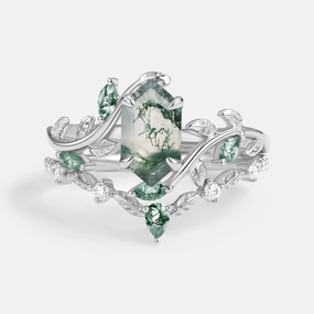 Green Moss Agate Long Hexagon Vine Engagement Ring Set 2pcs - Daphne Dainty Detail