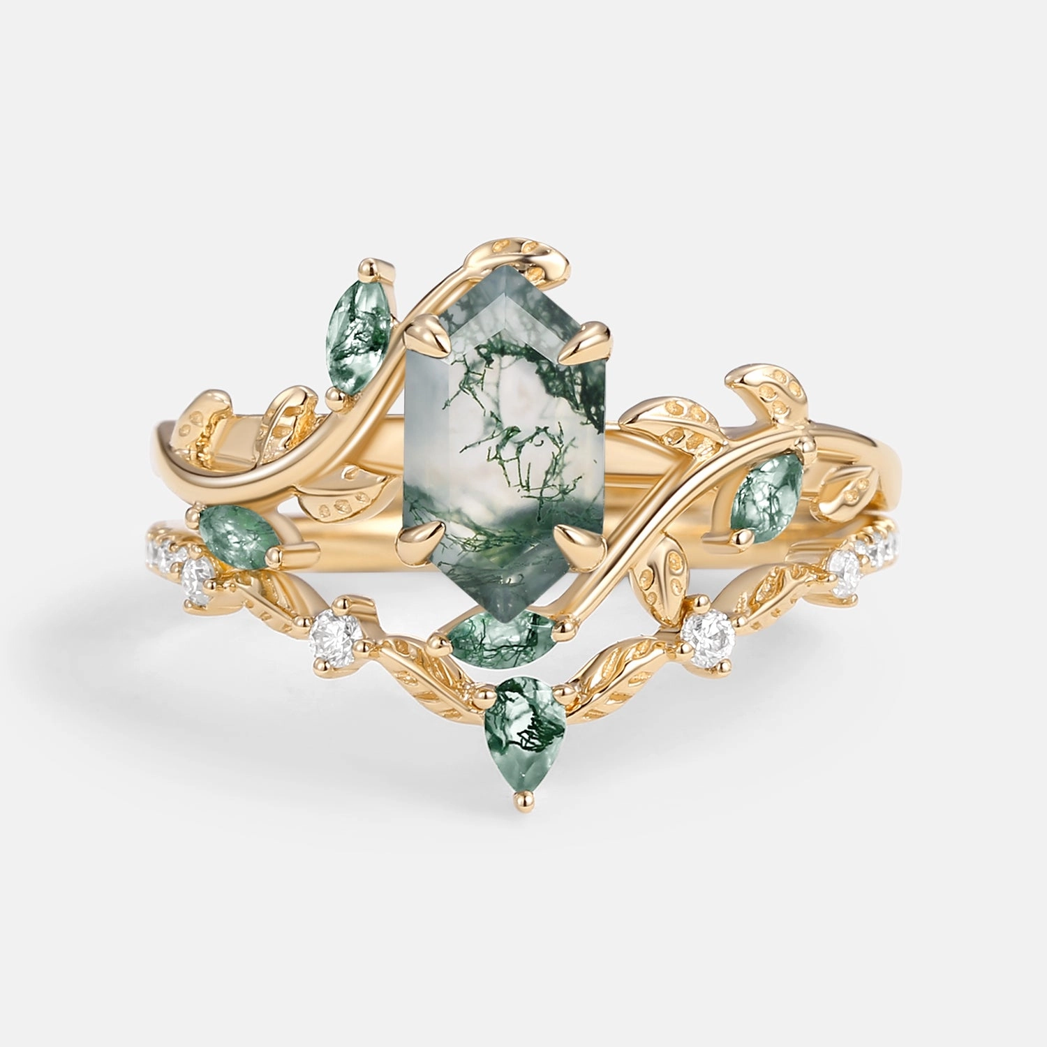 Green Moss Agate Long Hexagon Vine Engagement Ring Set 2pcs - Daphne Daily Fashion