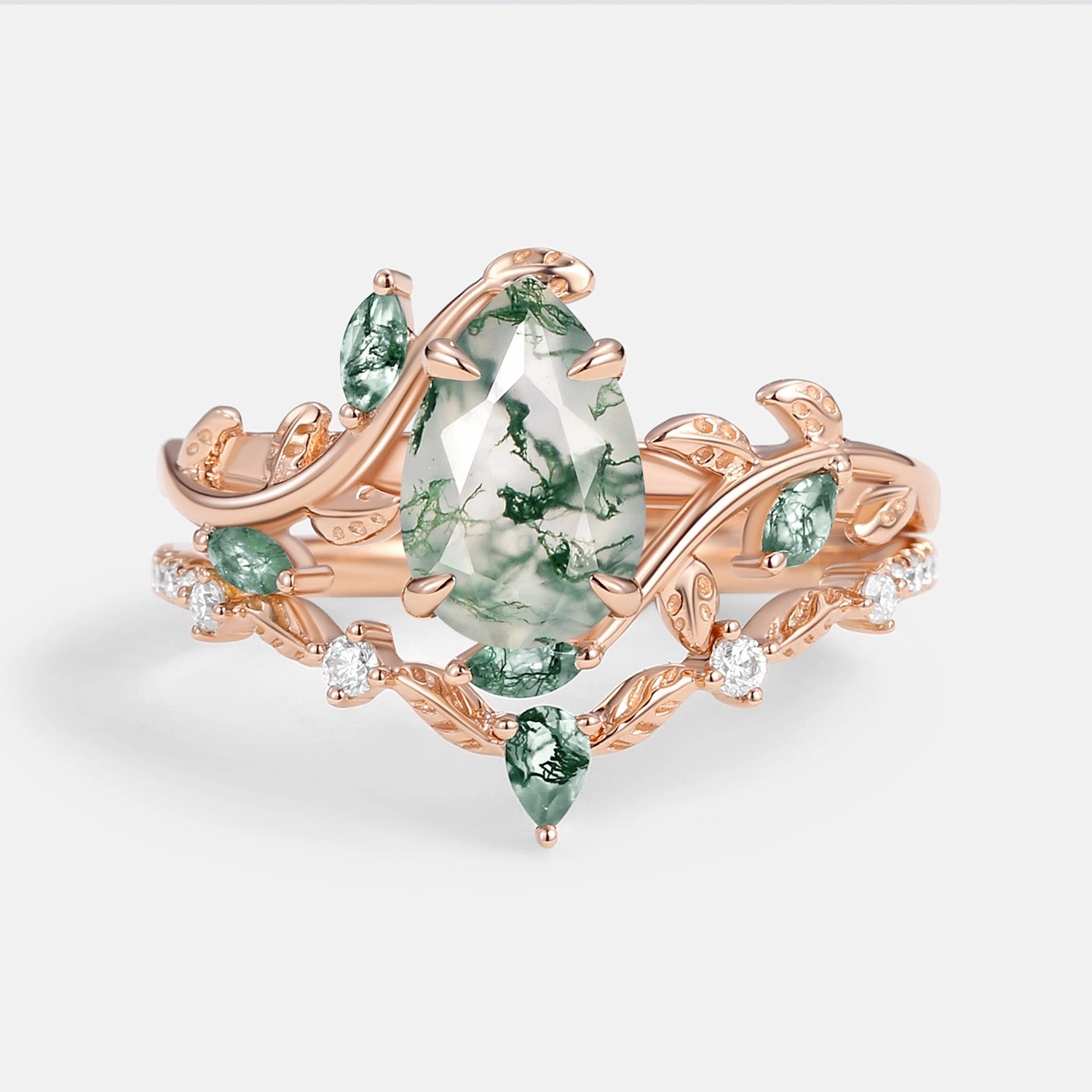 Green Moss Agate Pear Vine Engagement Ring Set 2pcs - Daphne Weekend Ready Office Ready