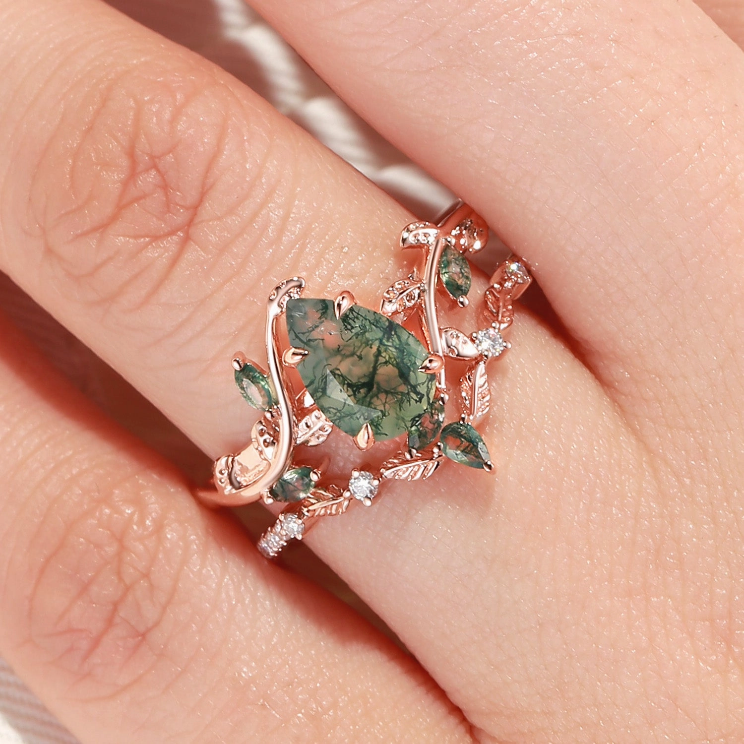 Trendy Look Green Moss Agate Pear Vine Engagement Ring Set 2pcs - Daphne