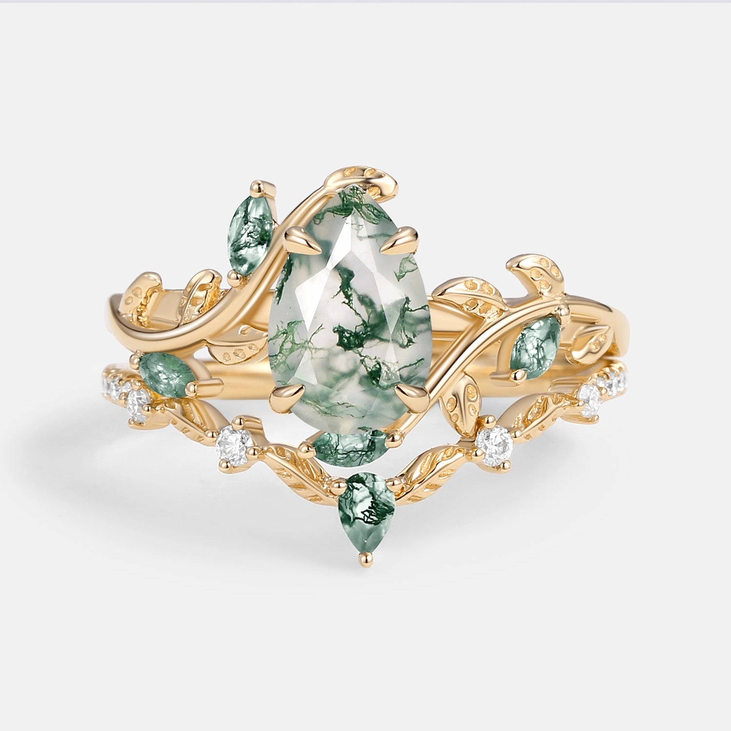 Green Moss Agate Pear Vine Engagement Ring Set 2pcs - Daphne Fashion Form