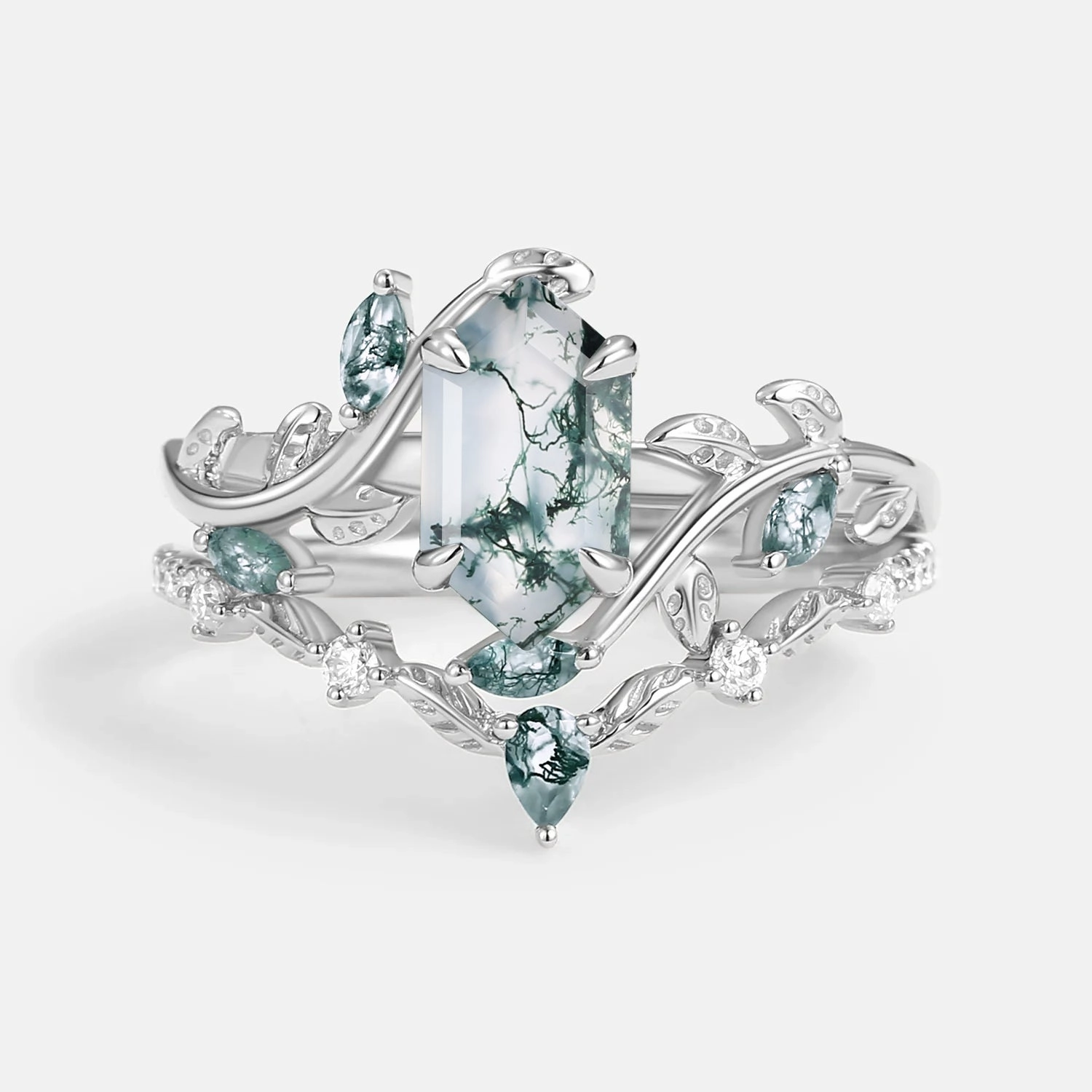 Green Nature Moss Agate Long Hexagon Vine Engagement Ring Set 2pcs - Daphne Vintage Detail