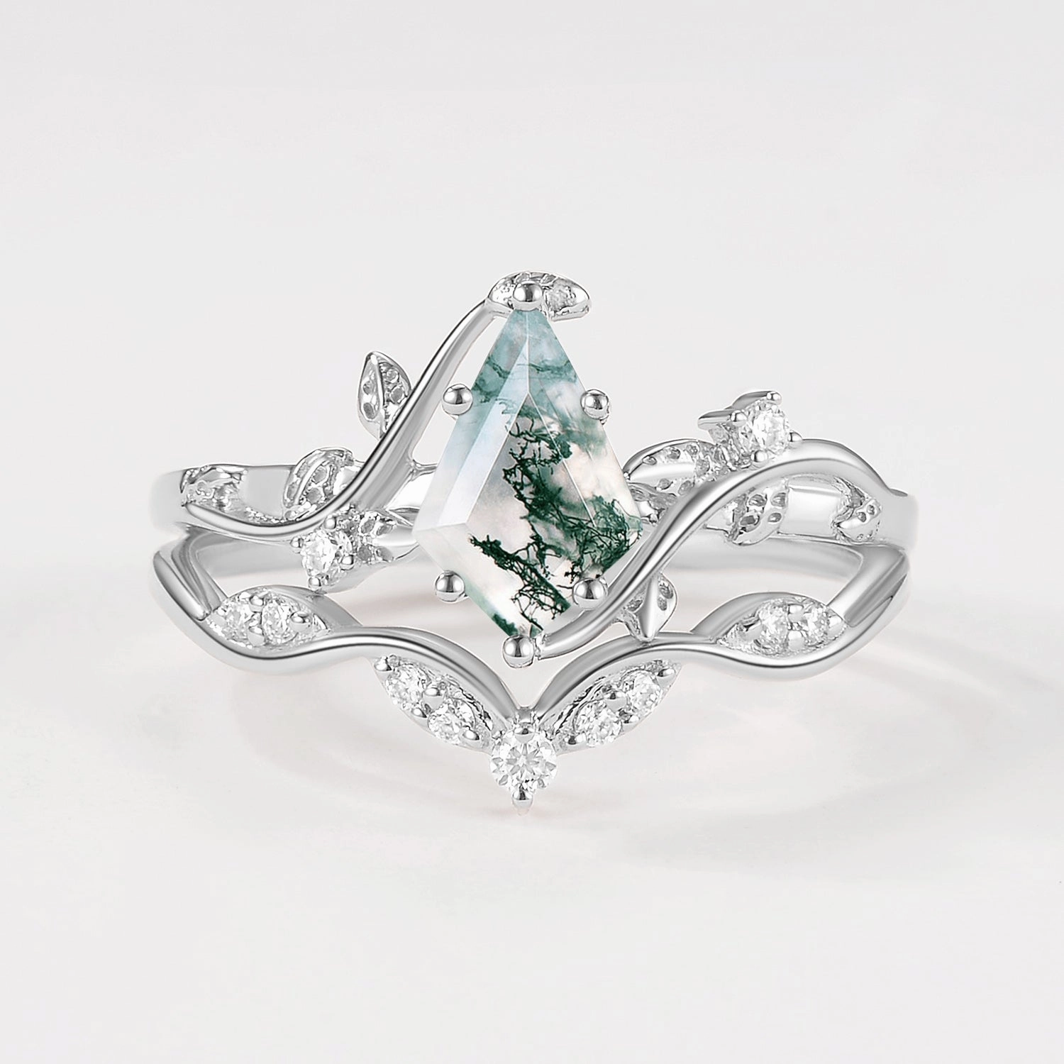 Green Vine Kite Cut Moss Agate Leafy Engagement Ring Sets 2pcs Effortless Design bright light