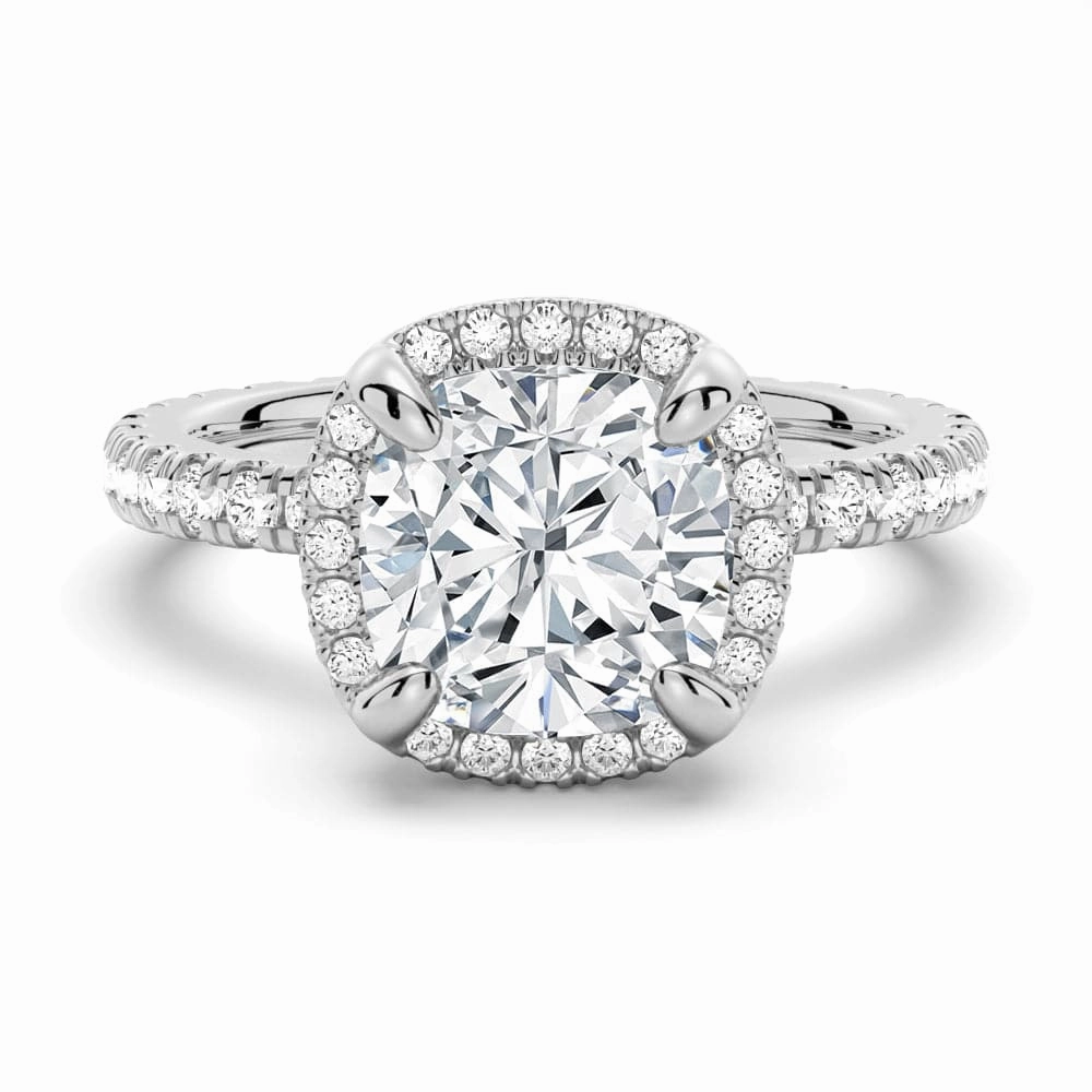 Refined Pieces Half Eternity Cushion Cut Moissanite Halo Engagement Ring