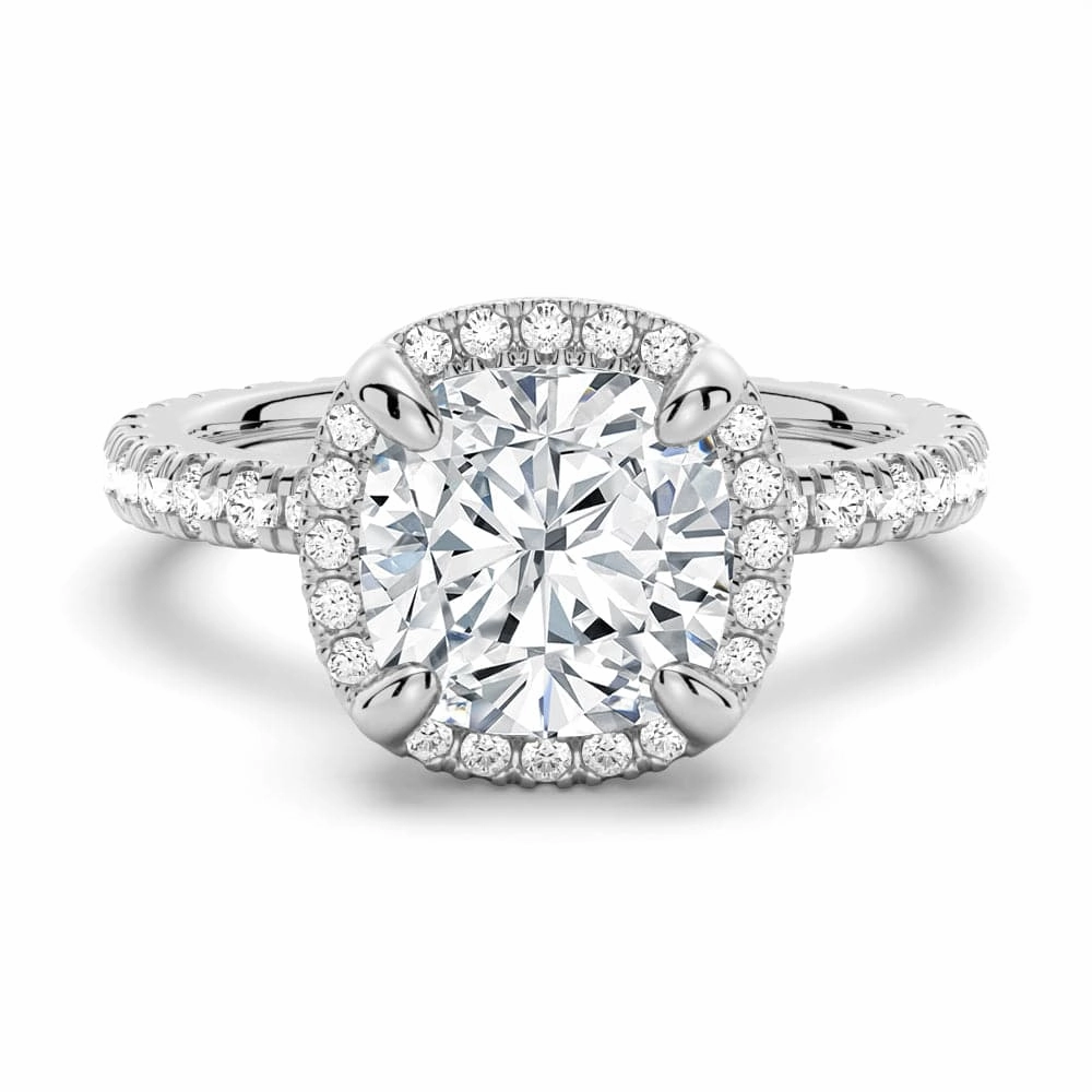 Half Eternity Cushion Cut Moissanite Halo Engagement Ring Vibrant Feel
