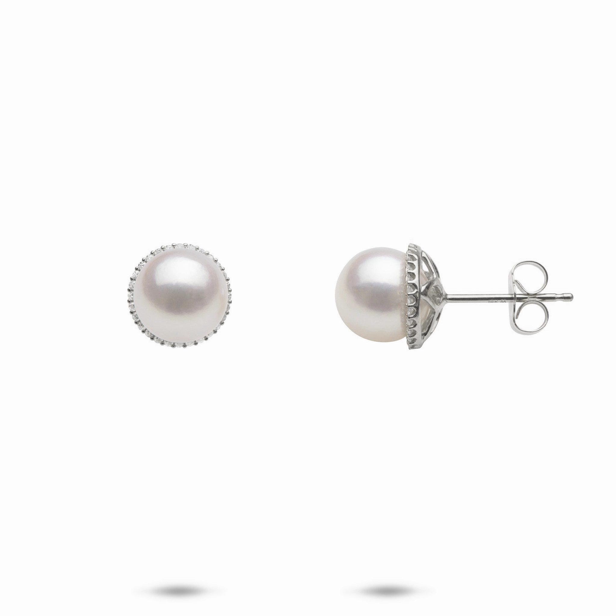 Sophisticated Detail Comfortable Aesthetic Halo Akoya White Pearl Earrings in White Gold with Diamonds - 8-8.5mm