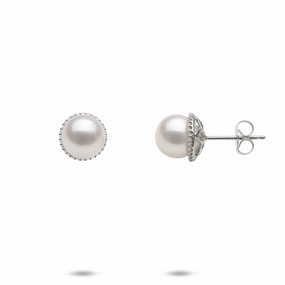 Sophisticated Detail Comfortable Aesthetic Halo Akoya White Pearl Earrings in White Gold with Diamonds - 8-8.5mm