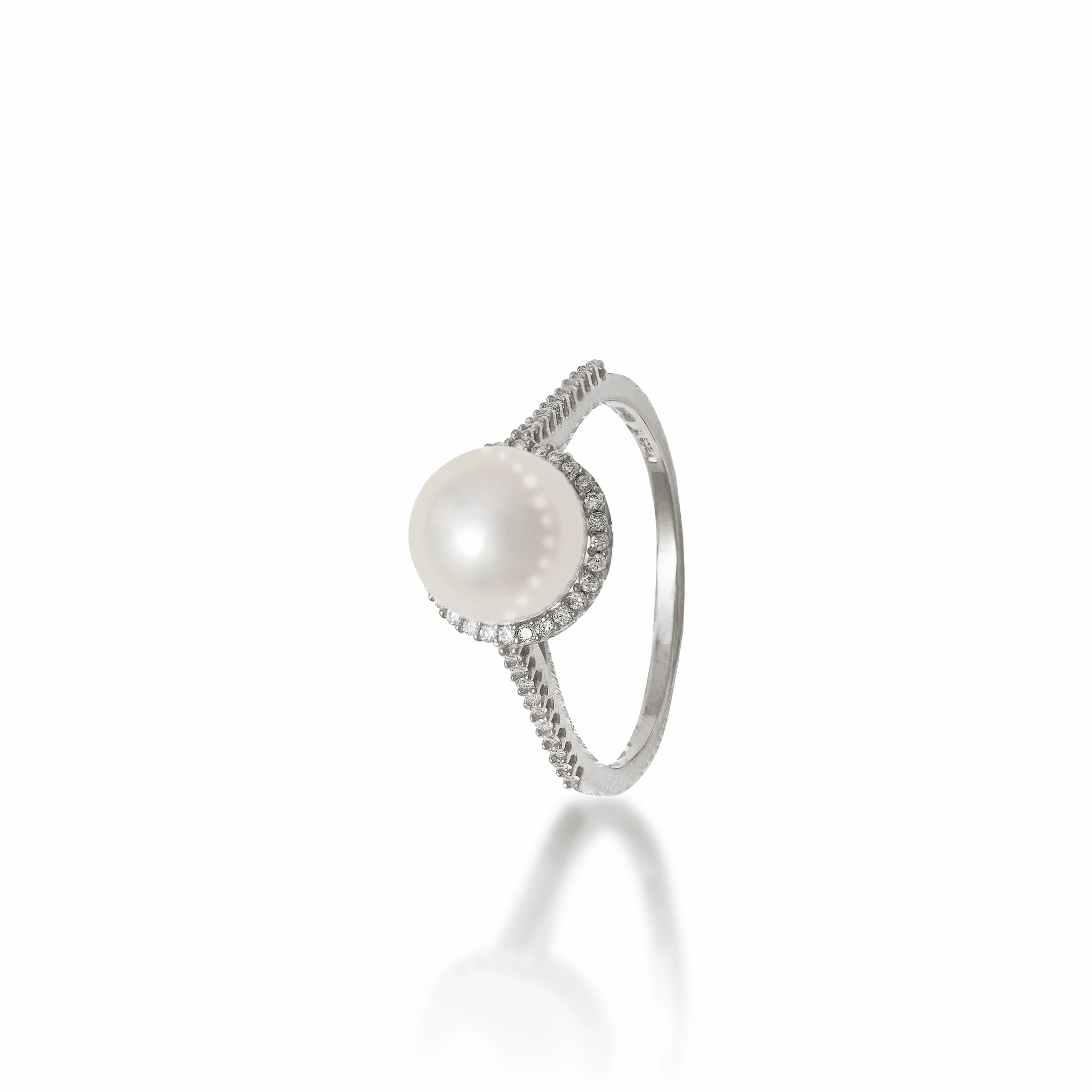 Organic form Halo Akoya White Pearl Ring in White Gold with Diamonds - 8mm