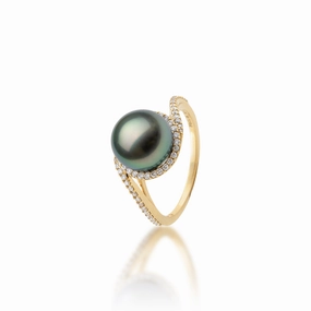 Gift Accent Halo Bypass Tahitian Black Pearl Ring in Gold with Diamonds - 9-10mm