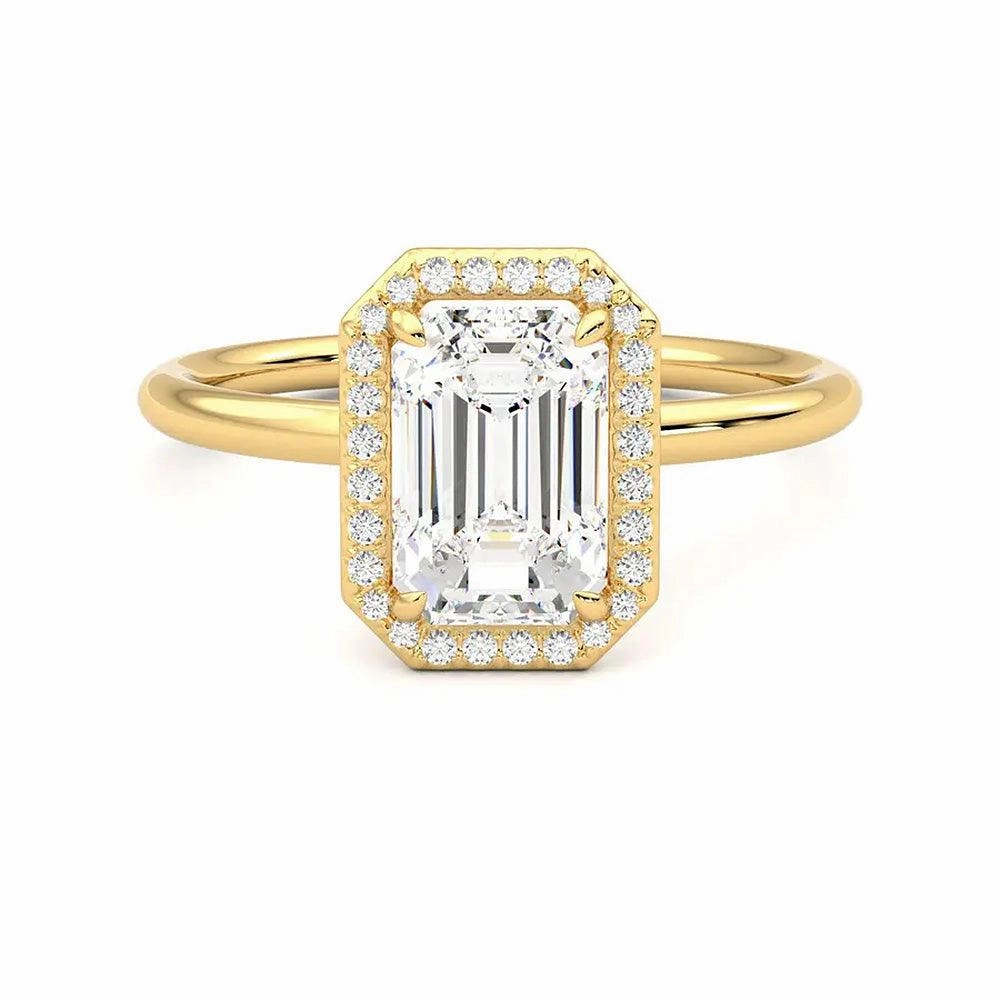 Shiny Style Timeless Detailing Halo Emerald Cut Moissanite Engagement Ring with Hidden Anniversary Stone Accent