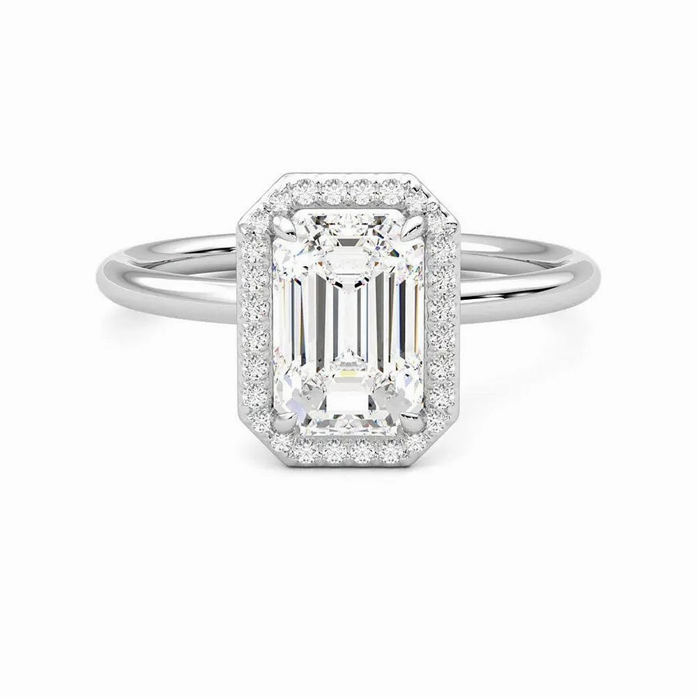 Top Pick Sleek Glow Halo Emerald Cut Moissanite Engagement Ring with Hidden Anniversary Stone Accent