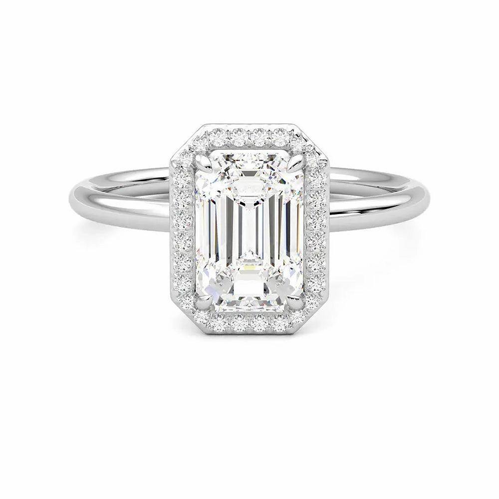 Highlight Feature Clean Lines Halo Emerald Cut Moissanite Engagement Ring with Hidden Anniversary Stone Accent