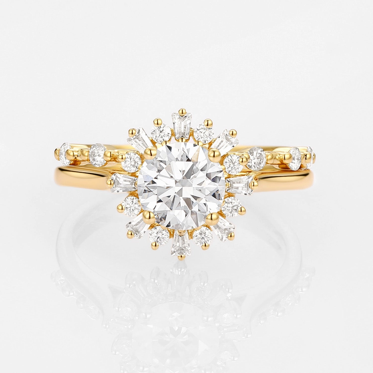 Halo Floral Round Lab Grown Diamond Ring Set 2pcs - Sol Distinctive Sparkle Accent Style