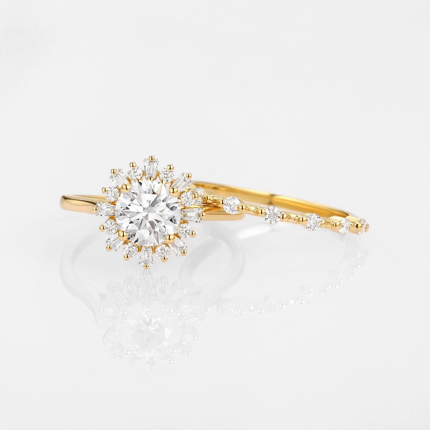 Halo Floral Round Lab Grown Diamond Ring Set 2pcs - Sol Lightweight Glam Luxury Line