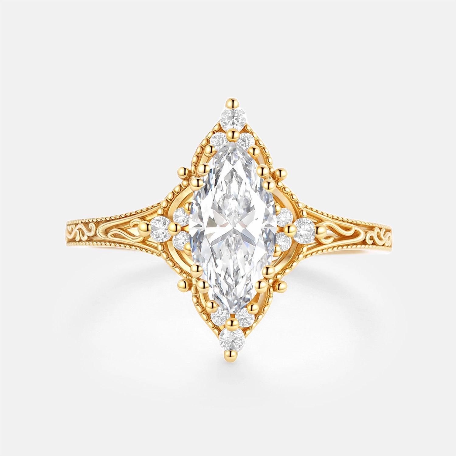 Halo Marquise Lab Grown Diamond Engraved Engagement Ring - Corona Romantic Accessory Timeless Edge