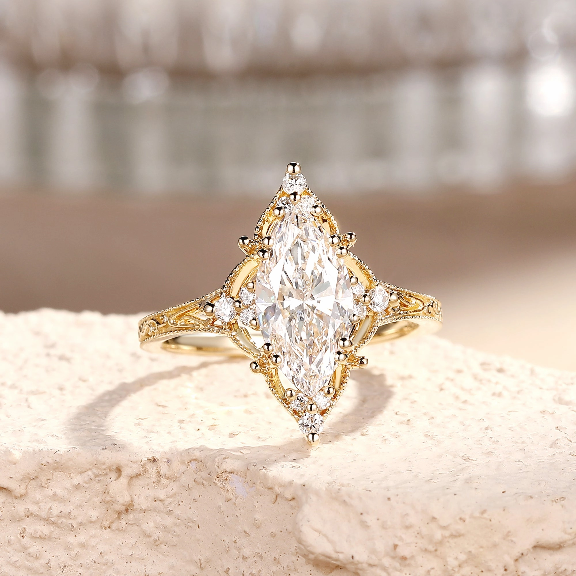 Glam Touch Halo Marquise Lab Grown Diamond Engraved Engagement Ring - Corona