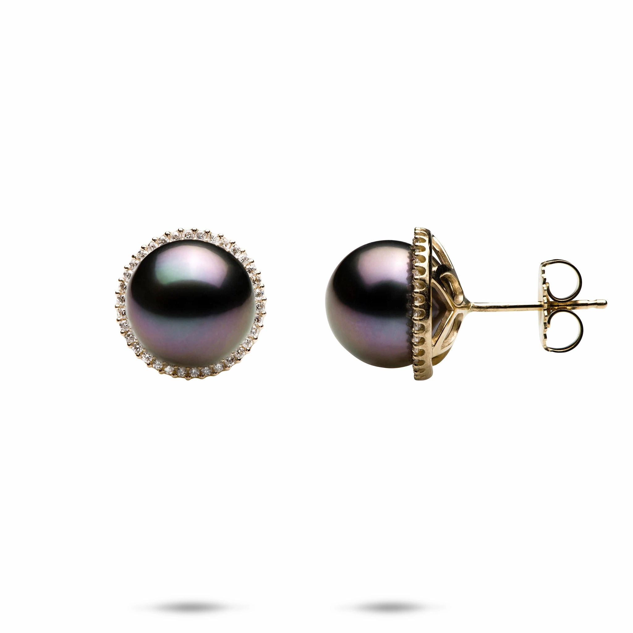Comfortable Embellishment Glossy Ornament Halo Tahitian Black Pearl Earrings in Gold with Diamonds - 10-11mm