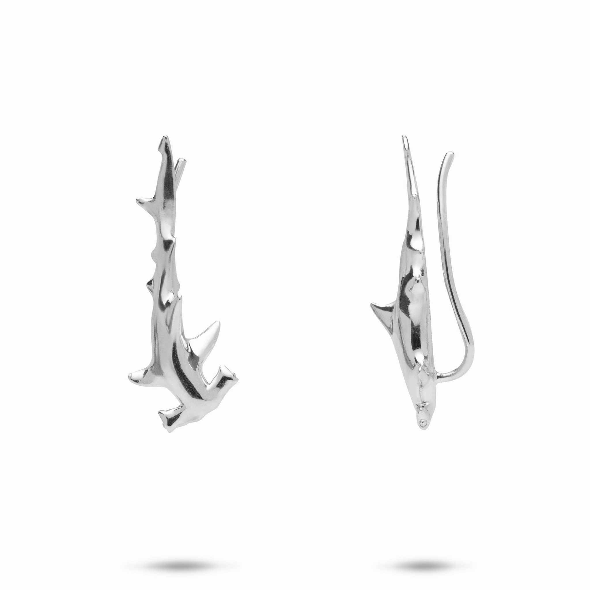 Industrial Accent Hammerhead Shark Climber Earrings in Sterling Silver
