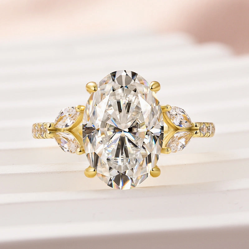 Allure Sparkle Louily Moissanite 4.0 Ct Oval and Angled Marquise Five Stone Engagement Ring