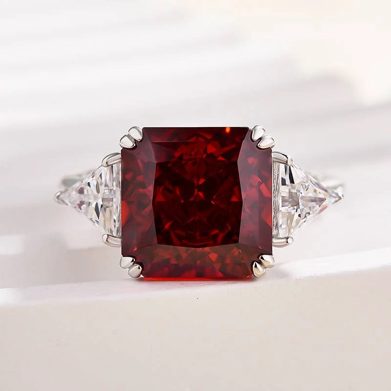 Glow Layer Louily Ruby Radiant & Triangle Cut Three Stone Engagement Ring In Sterling Silver